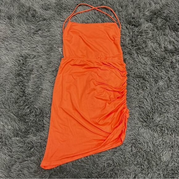 Blue Blush Asymmetrical Tangerine Mini Bodycon Ruched Side Dress Size Medium NWT - Picture 1 of 10